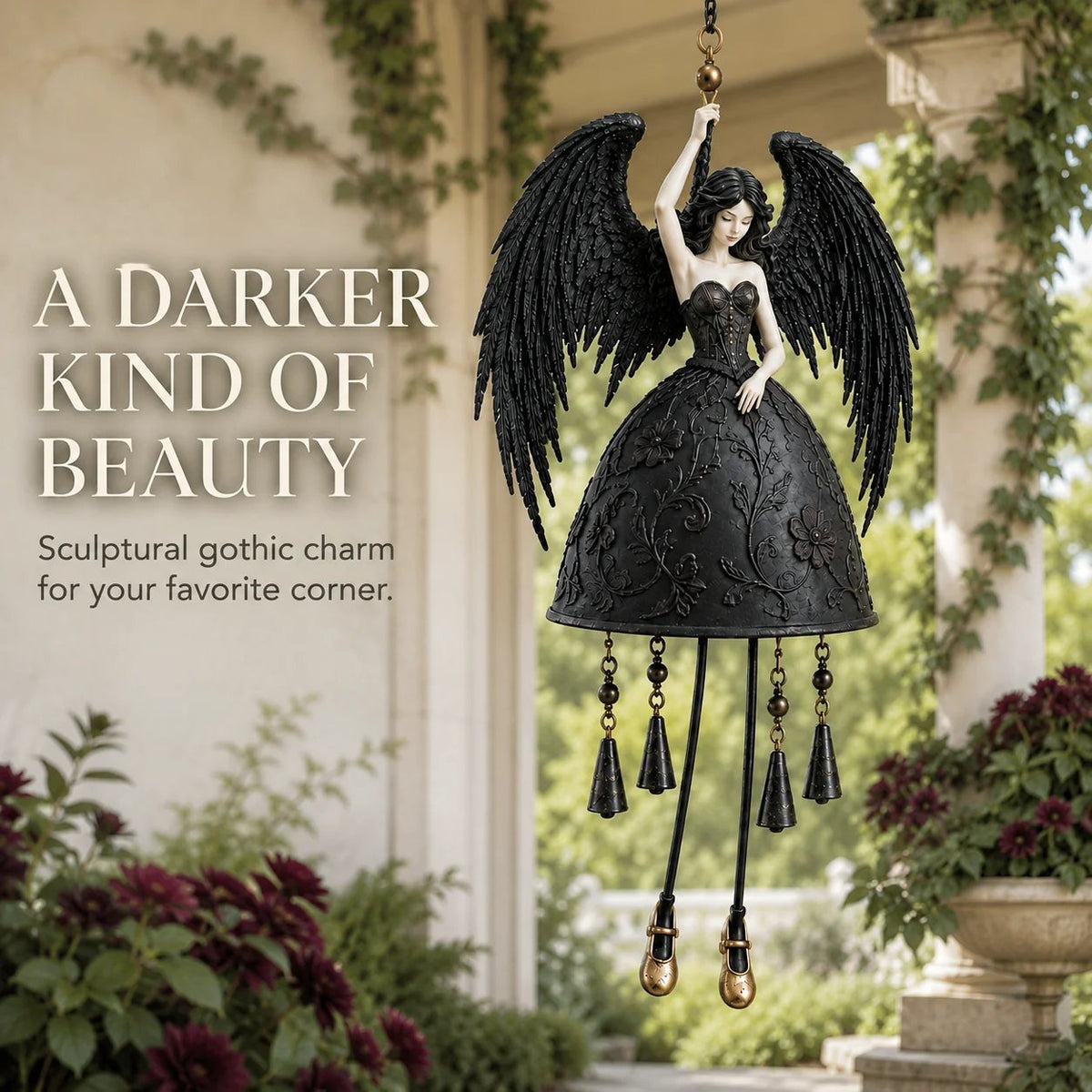 Dark Angel Gothic Wind Chime Black-Wing Outdoor Garden, Porch & Patio Decor