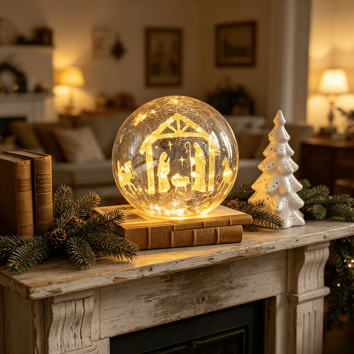 Light-up cracked glass ball with Jesus and reindeer design