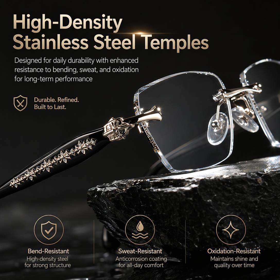 Rimless Diamond-Cut Glasses Stainless Steel Temple, Unisex