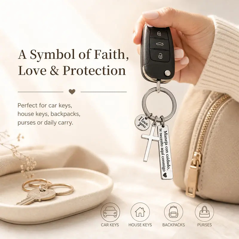 Maneja Con Cuidado Te Necesito Aqu Conmigo Keychain with Cross & "I Love You" Charm