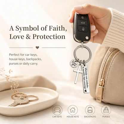 Maneja Con Cuidado Te Necesito Aqu Conmigo Keychain with Cross & "I Love You" Charm