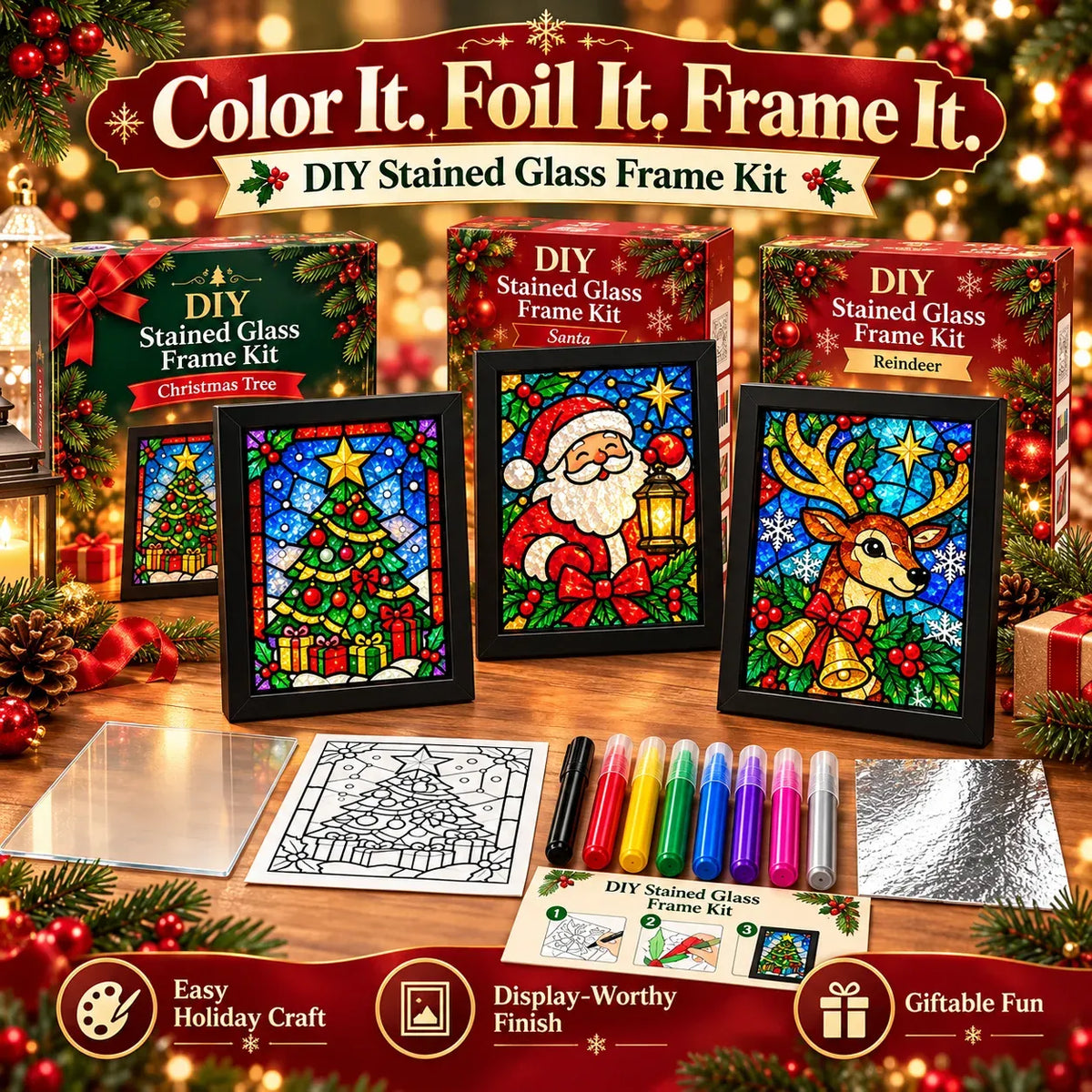 Beginner-Friendly Christmas Stained Glass-Style Frame Kit | 8 Festive Designs with Pens, Foil & Frame