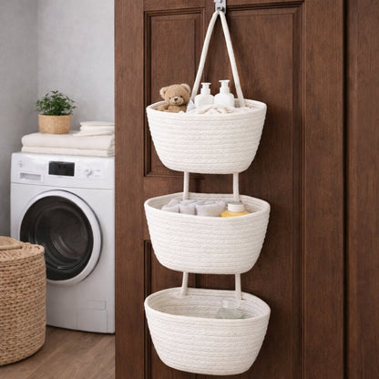 Woven cotton 3-Tier Over the Door Basket, Wall-Mounted Jute Storage Organizer