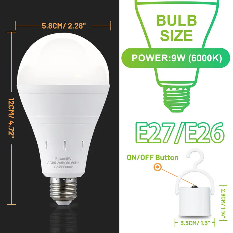 Rechargeable Emergency Light Bulbs Battery Powered LED Light Bulb 6400K Daylight E26 120 Volt 9W 60W Equivalent with