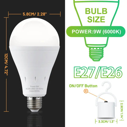 Rechargeable Emergency Light Bulbs Battery Powered LED Light Bulb 6400K Daylight E26 120 Volt 9W 60W Equivalent with