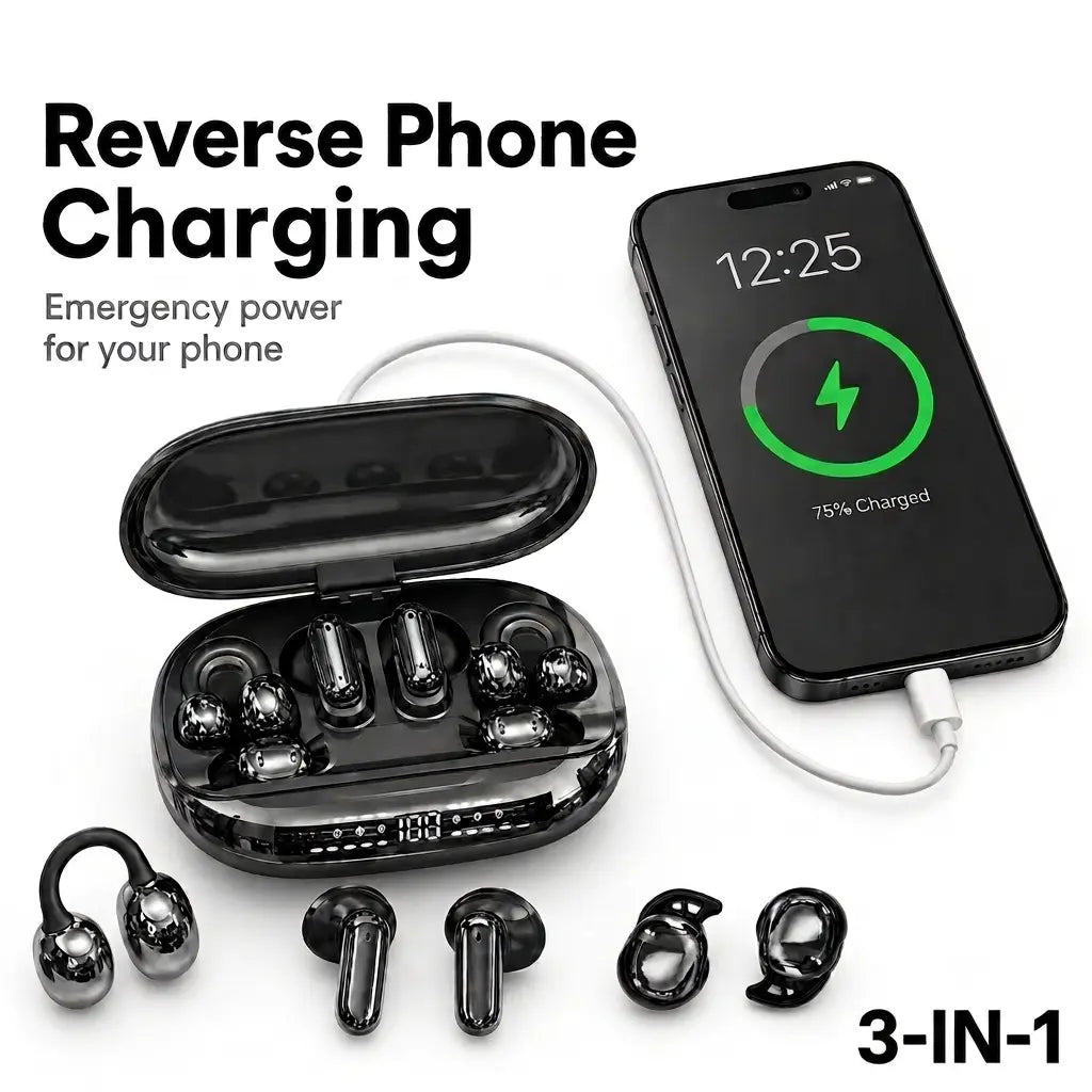 GT699S Bluetooth Wireless Earbuds with Chargeable Power Bank Case, 6 Earbuds, Clip-On Design, Noise Cancellation