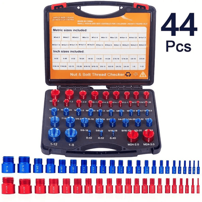 Portable Bolt & Nut Size Gauge 44-Piece Inch & Metric Thread Checker, Clear Markings, Stainless Steel, Tool Box Included