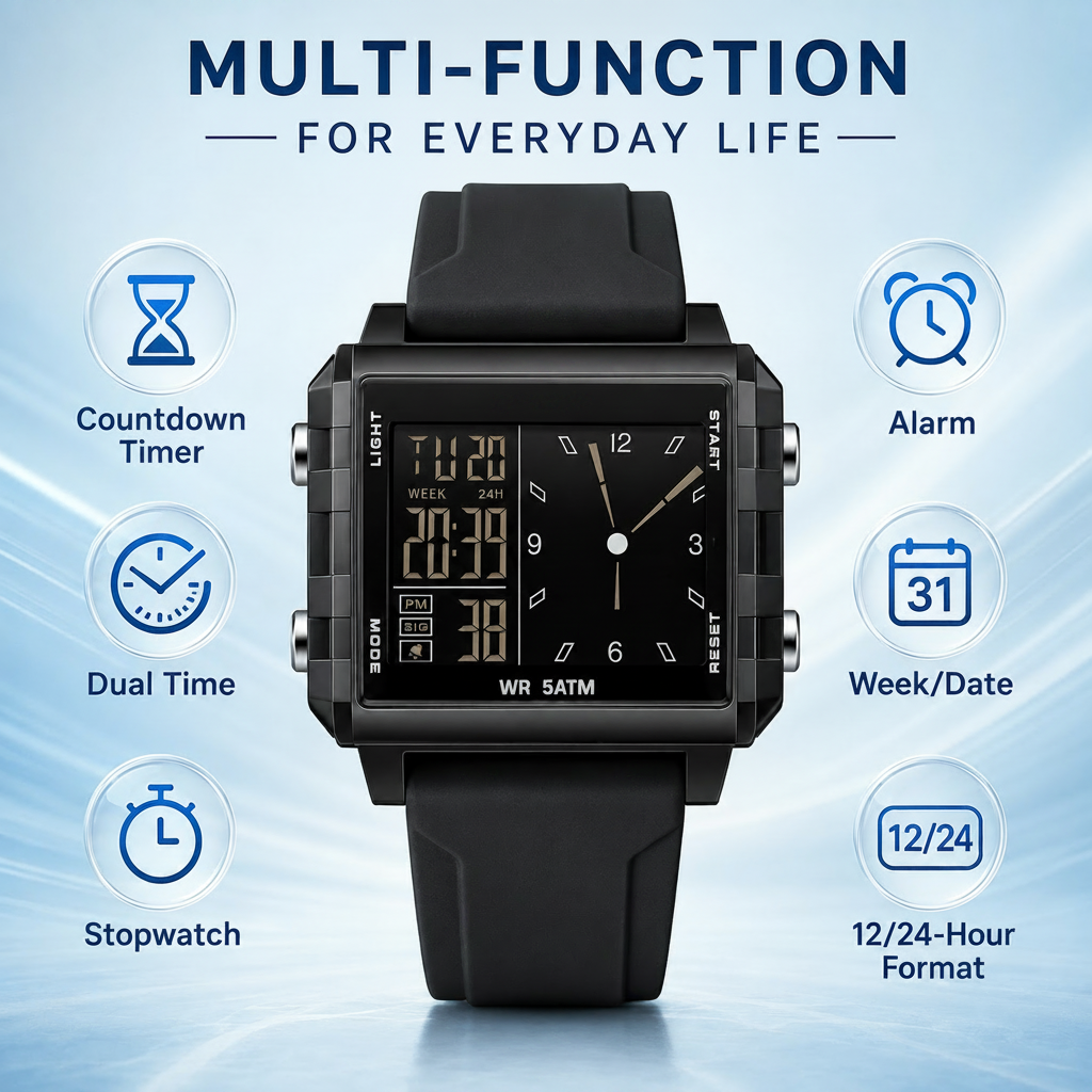 Analog-Digital Sport Watch Waterproof, Luminous & Multi-Function