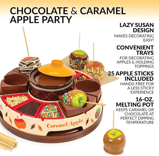 Nostalgia Lazy Susan Chocolate & Caramel Apple Party with Heated Fondue Pot, 25 Sticks, Decorating and Toppings Trays
