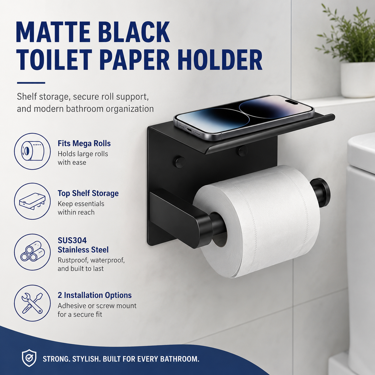 Rustproof Toilet Paper Holder with Shelf Space-Saving Wall Mount