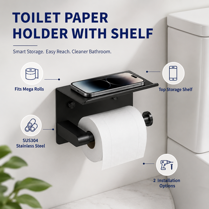 Rustproof Toilet Paper Holder with Shelf Space-Saving Wall Mount