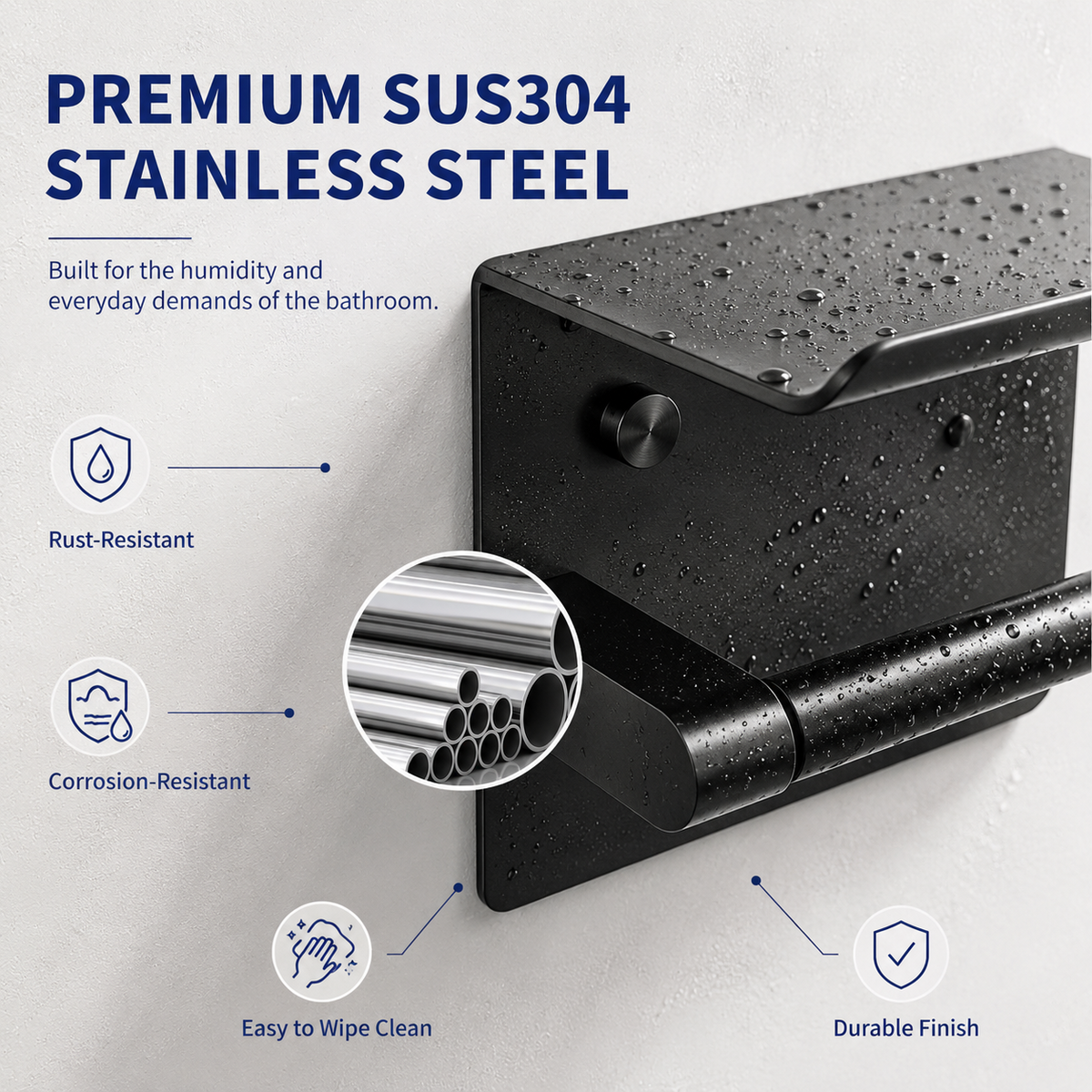 Rustproof Toilet Paper Holder with Shelf Space-Saving Wall Mount