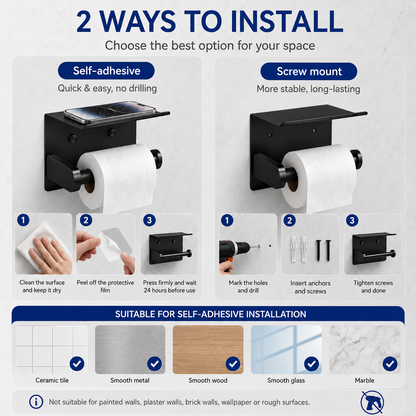 Rustproof Toilet Paper Holder with Shelf Space-Saving Wall Mount
