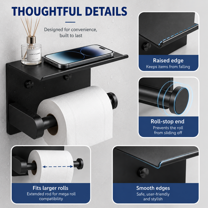 Rustproof Toilet Paper Holder with Shelf Space-Saving Wall Mount
