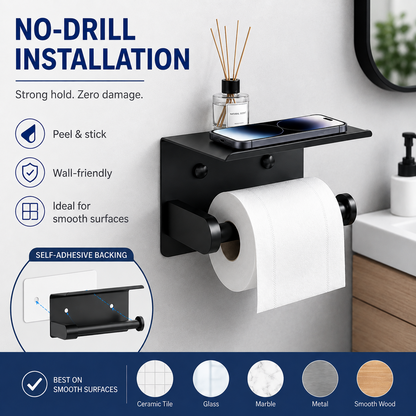 Rustproof Toilet Paper Holder with Shelf Space-Saving Wall Mount
