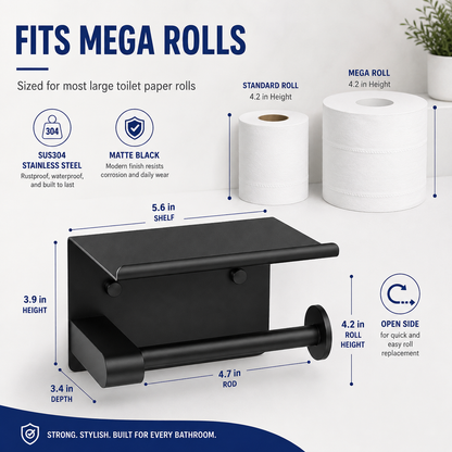 Rustproof Toilet Paper Holder with Shelf Space-Saving Wall Mount