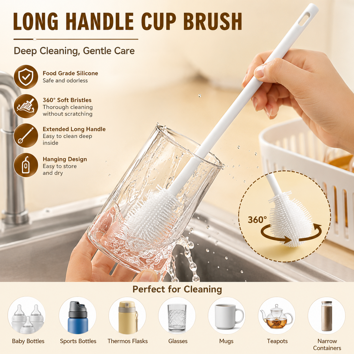 360 Silicone Bottle Cleaning Brush Long Handle Soft Bristle Cleaner for Bottles, Cups & Narrow Containers