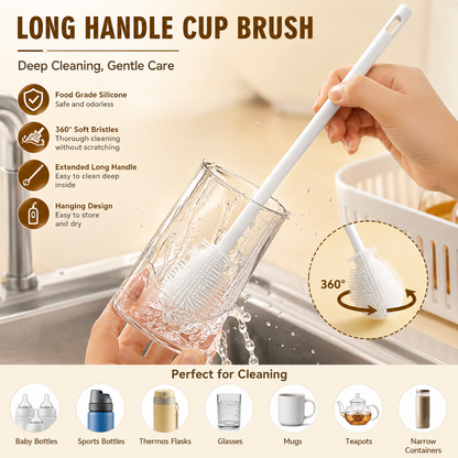 360 Silicone Bottle Cleaning Brush Long Handle Soft Bristle Cleaner for Bottles, Cups & Narrow Containers