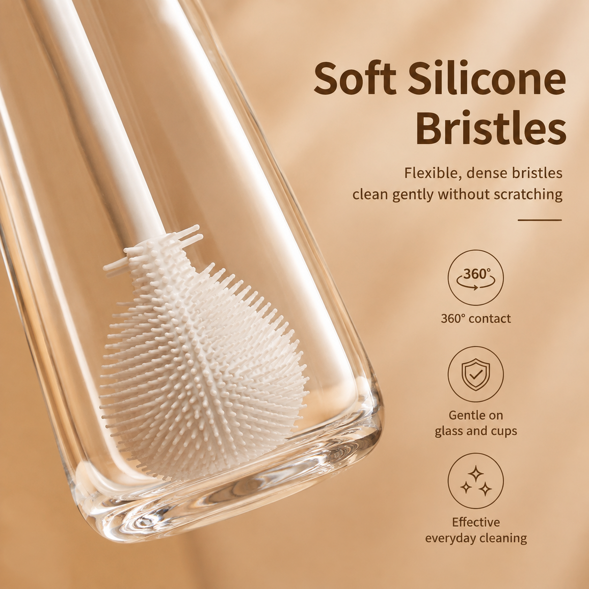360 Silicone Bottle Cleaning Brush Long Handle Soft Bristle Cleaner for Bottles, Cups & Narrow Containers