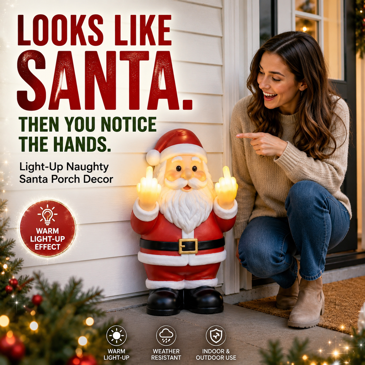 Mischievous Light-Up Middle Finger Santa Christmas Decor