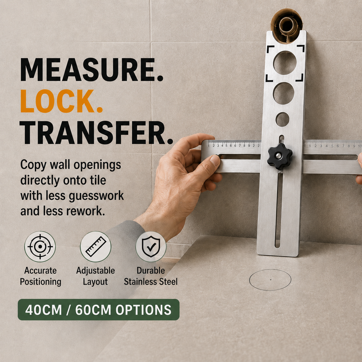 Stainless Steel Tile Positioning Ruler Adjustable Drill Guide & Measuring Tool for Ceramic, Marble & Wall Tile