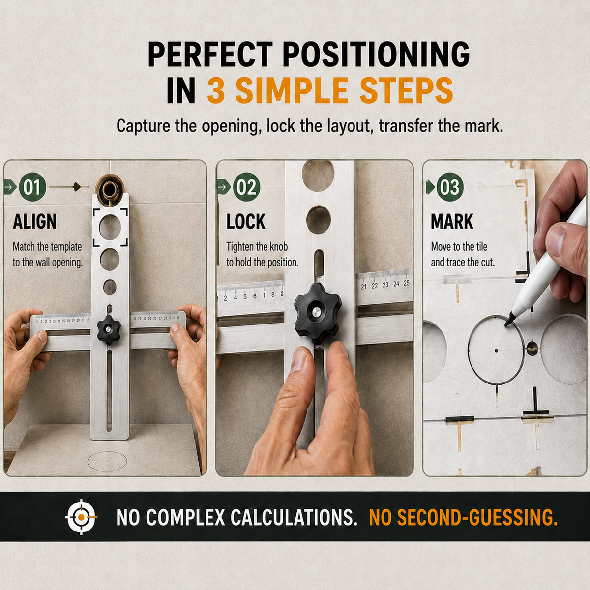 Stainless Steel Tile Positioning Ruler Adjustable Drill Guide & Measuring Tool for Ceramic, Marble & Wall Tile