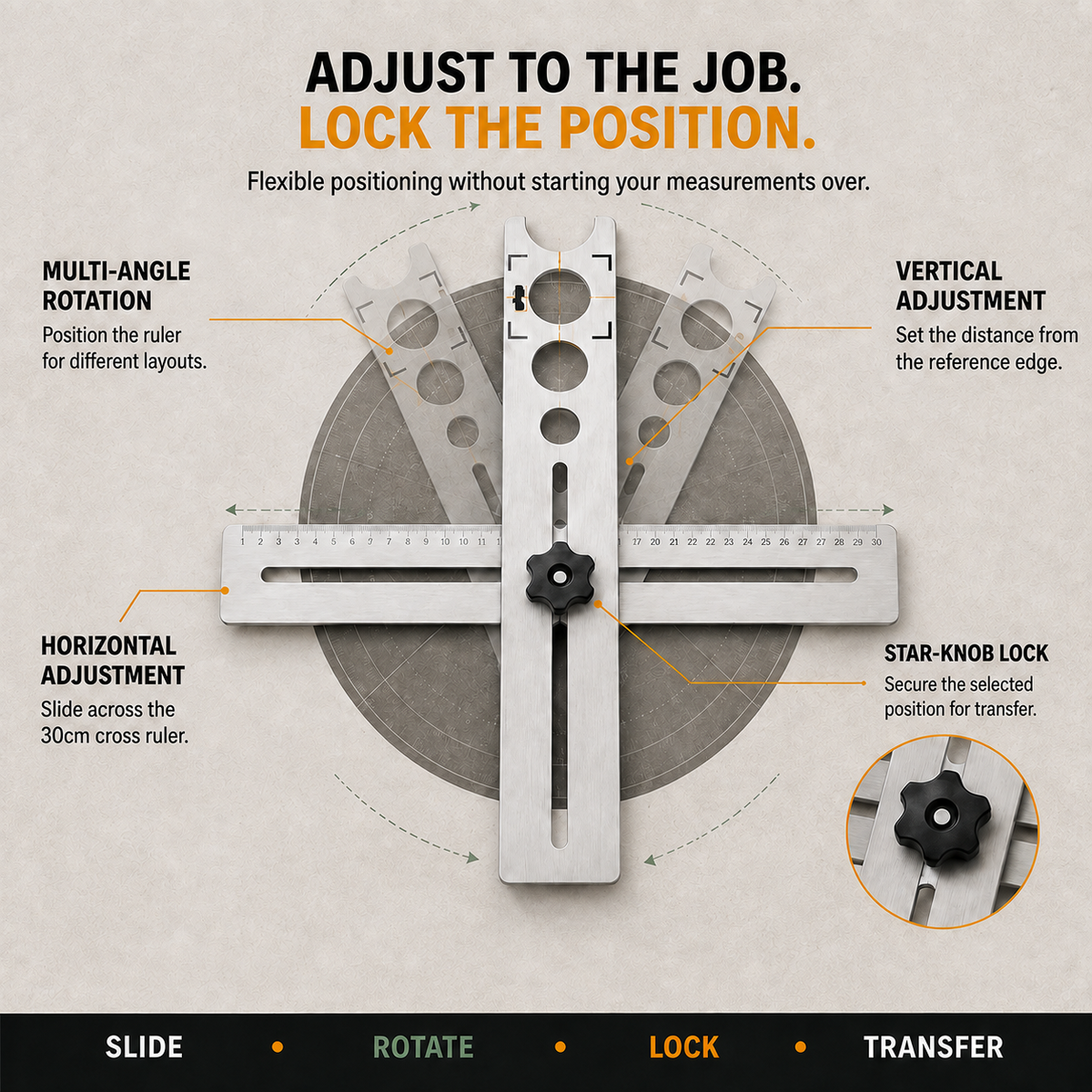 Stainless Steel Tile Positioning Ruler Adjustable Drill Guide & Measuring Tool for Ceramic, Marble & Wall Tile