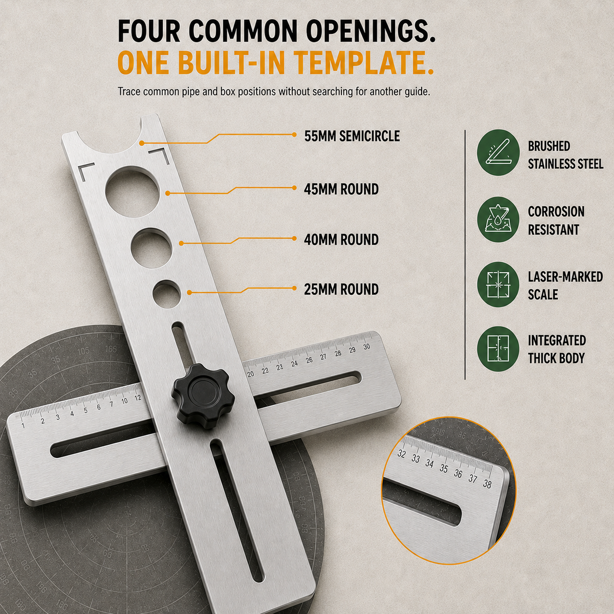 Stainless Steel Tile Positioning Ruler Adjustable Drill Guide & Measuring Tool for Ceramic, Marble & Wall Tile