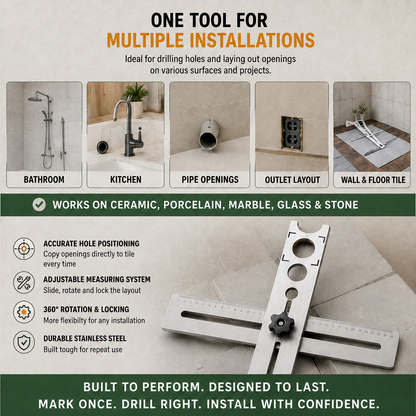 Stainless Steel Tile Positioning Ruler Adjustable Drill Guide & Measuring Tool for Ceramic, Marble & Wall Tile