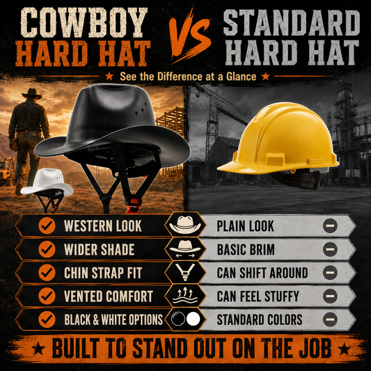 Western Cowboy Hard Hat Wide Brim Vented Work Helmet with Adjustable Ratchet & Chin Strap