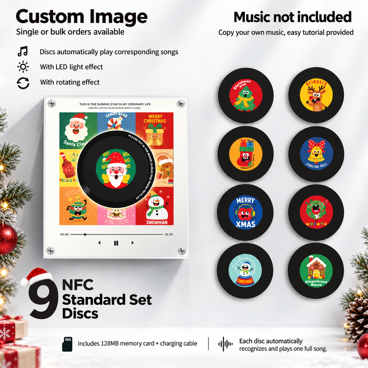 Christmas NFC Music Player Turn Your Fridge Into a Holiday Jukebox. with 9 Vinyl Style Discs and USB C