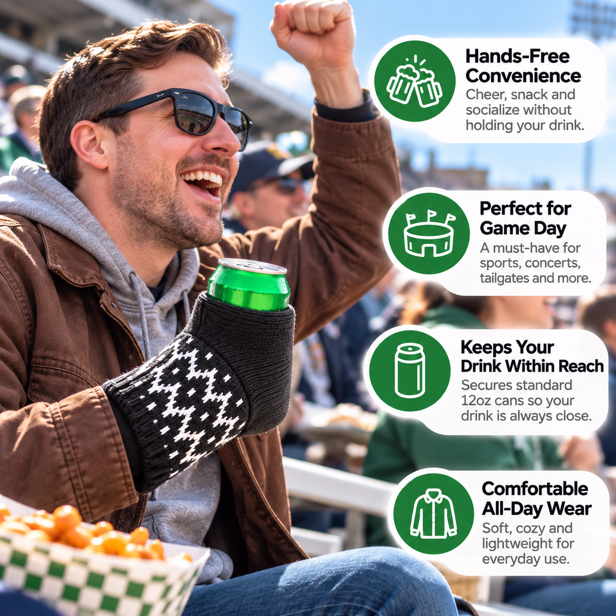 Hands-Free Wearable Can Holder Cozy Knit Drink Sleeve for Game Day