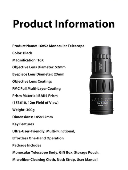 16x52 High Definition Monocular Telescope with Smartphone Adapter Waterproof FMC Multi Layer Lens Portable Long Range