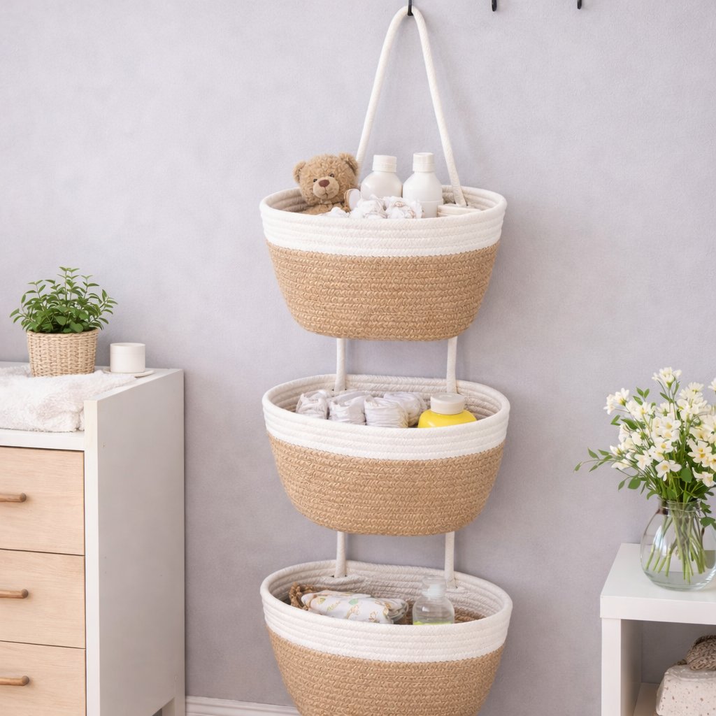 Woven cotton 3-Tier Over the Door Basket, Wall-Mounted Jute Storage Organizer