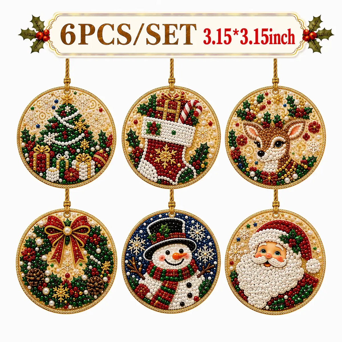 6Pcs/12Pcs Christmas DIY Diamond Painting Ornaments Kit, Xmas Tree Hanging Pendant