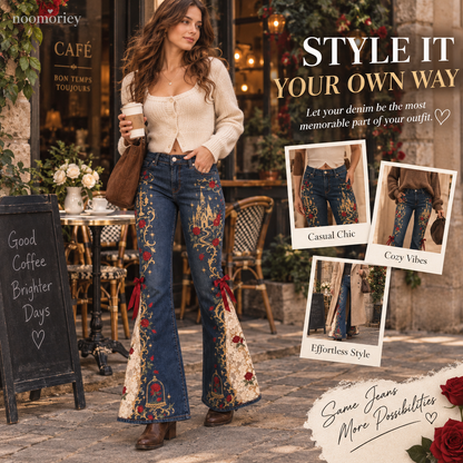 Enchanted Rose High-Waisted Lace Panel Flare Jeans