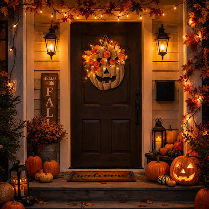 Lighted Burlap Pumpkin Wreath