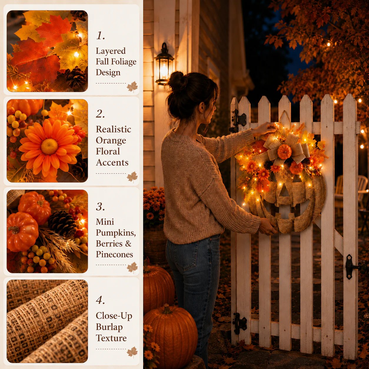 Lighted Burlap Pumpkin Wreath