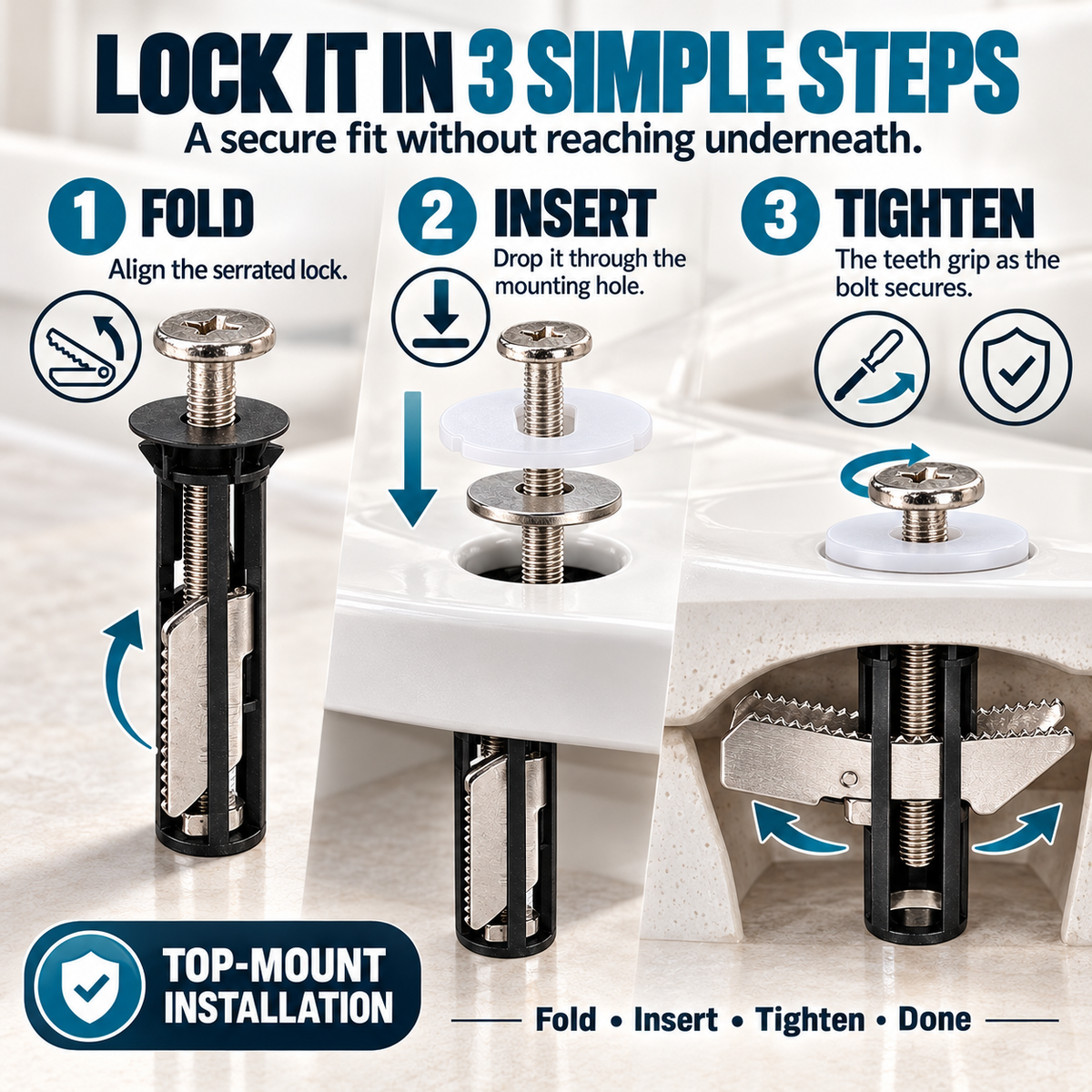 Universal Locking Toilet Seat Fixing Bolt 304 Stainless Steel Quick-Lock Kit with 2 Washers