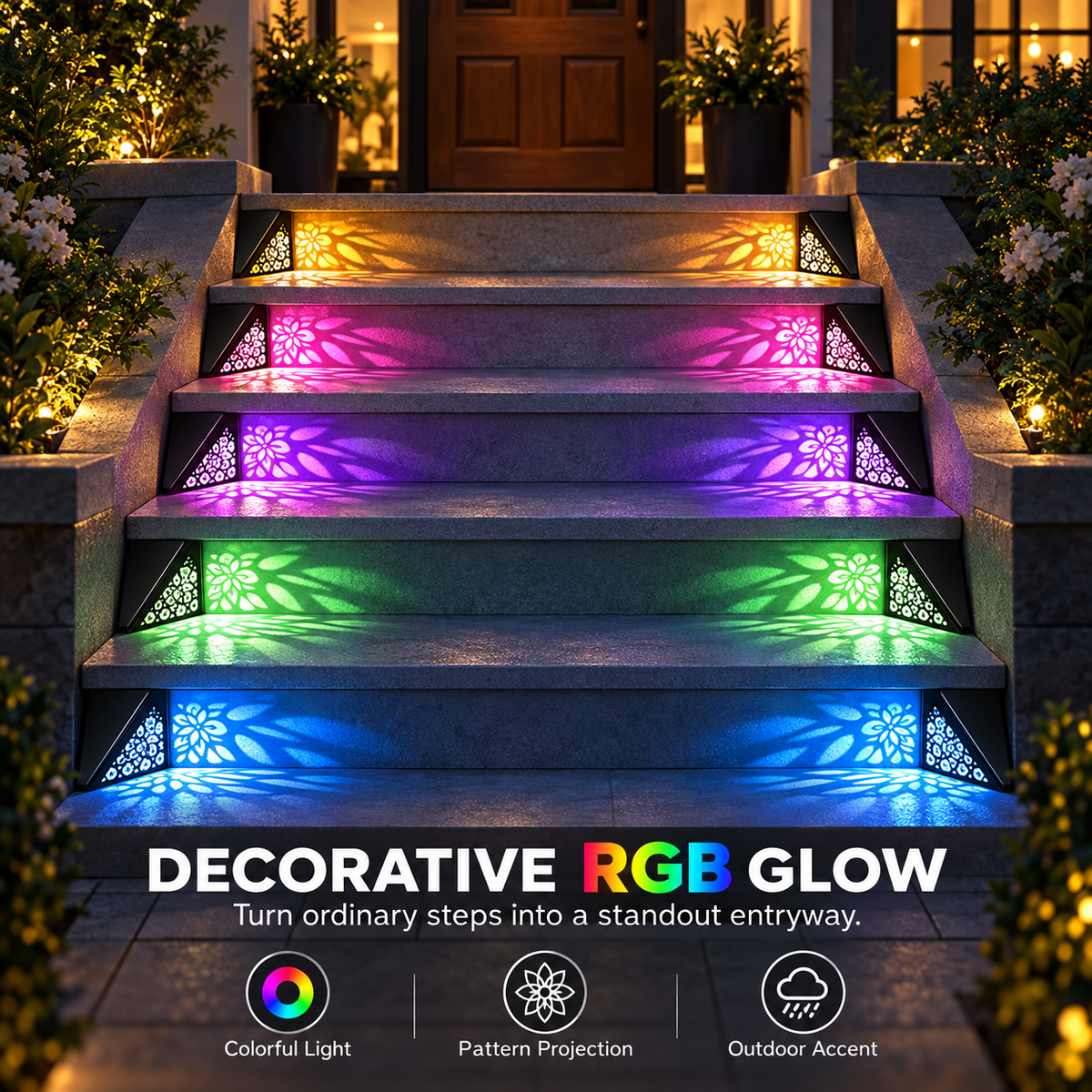 Solar outdoor step lights, IP65 waterproof LED deck/stair lights, color-changing gradient lighting
