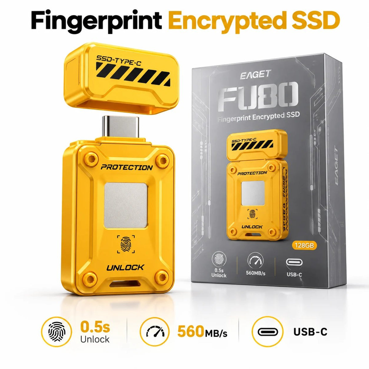 EAGET FU80 Fingerprint Encrypted SSD Flash Drive Ultra-Fast Type-C USB Drive for Secure Data Storage