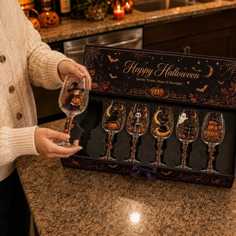 Halloween 3D Wine Glass Collection Gift Box Set 6 Spooky Collectible Designs