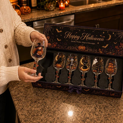 Halloween 3D Wine Glass Collection Gift Box Set 6 Spooky Collectible Designs
