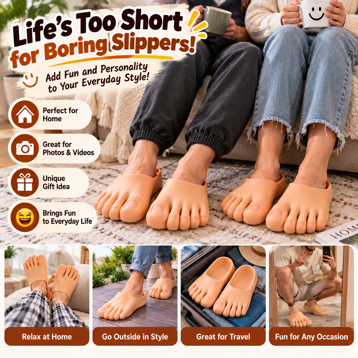 Realistic Barefoot Slippers Funny Giant Toe Slides, Hilarious Prank Gift