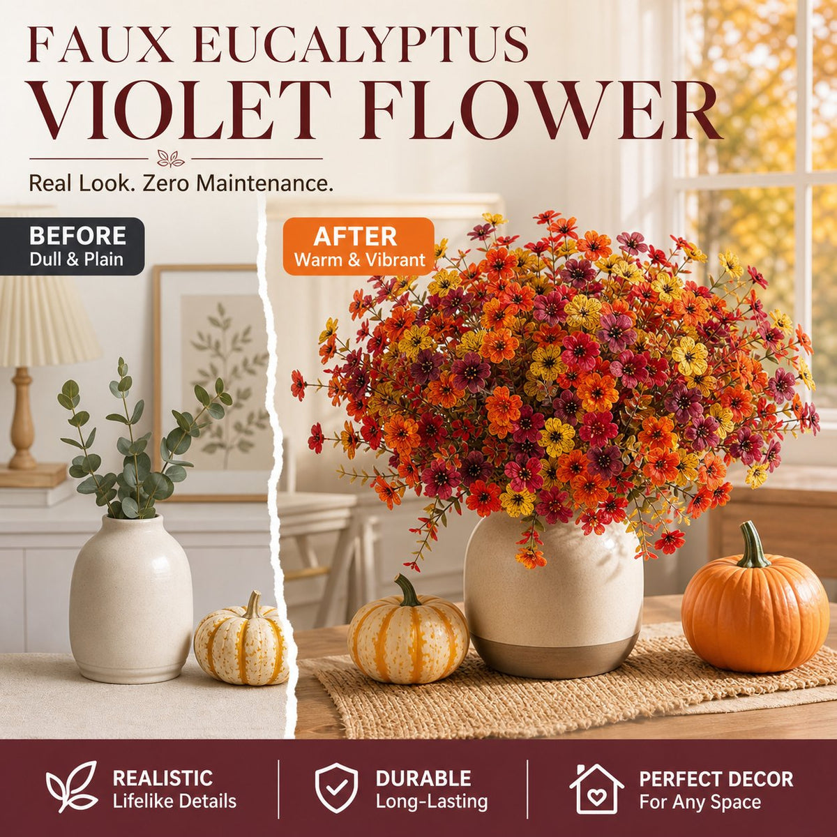 Artificial Autumn Violet Flower Bouquet Weatherproof Faux Fall Floral Stems for Porch & Home