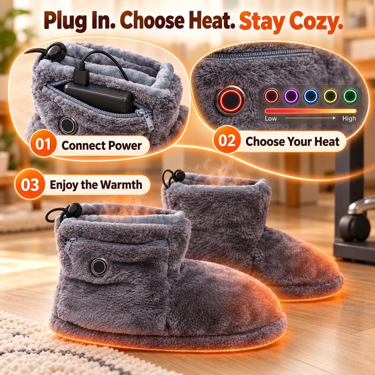 Heated Plush Slipper Boots Cozy Warm Indoor Winter Slippers