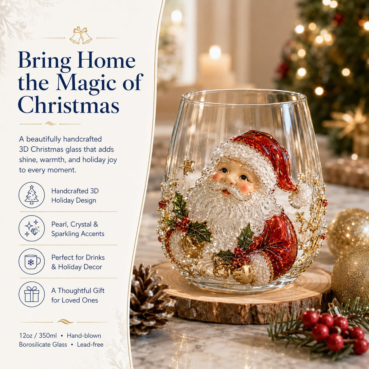 Christmas 3D Christmas Glass Art Cup | Luxury Raised Holiday Glassware for Drinks, Decor & Christmas Gifts