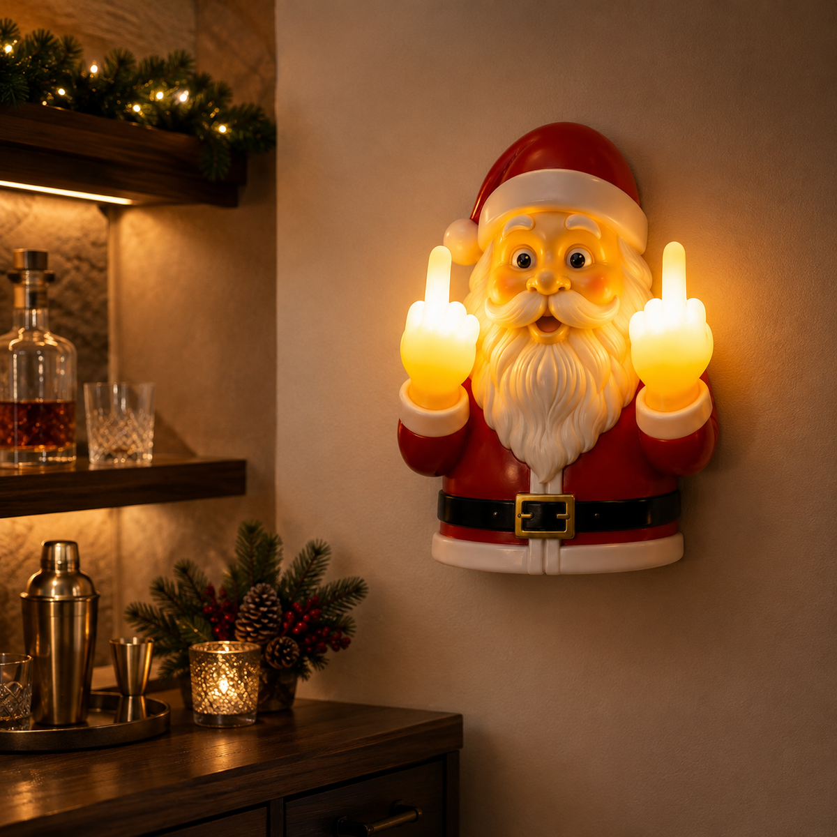 Light-Up Middle Finger Santa Wall Decor Hilarious Christmas Decoration