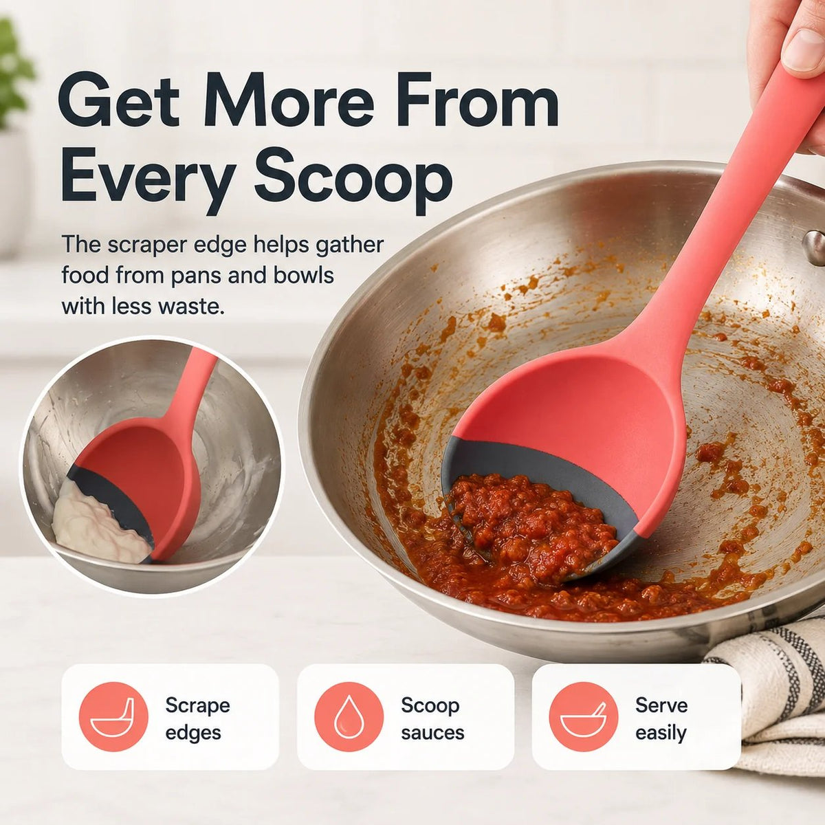 2-in-1 Silicone Scoop & Scraper Spoon Multi-Purpose Cooking & Serving Utensil