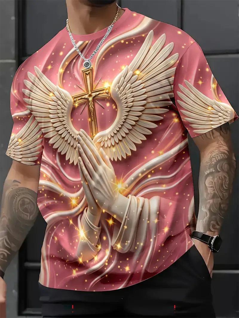 Men's Religious Angel Wings Cross 3D T-Shirt | Faith-Inspired Short Sleeve Summer Tee